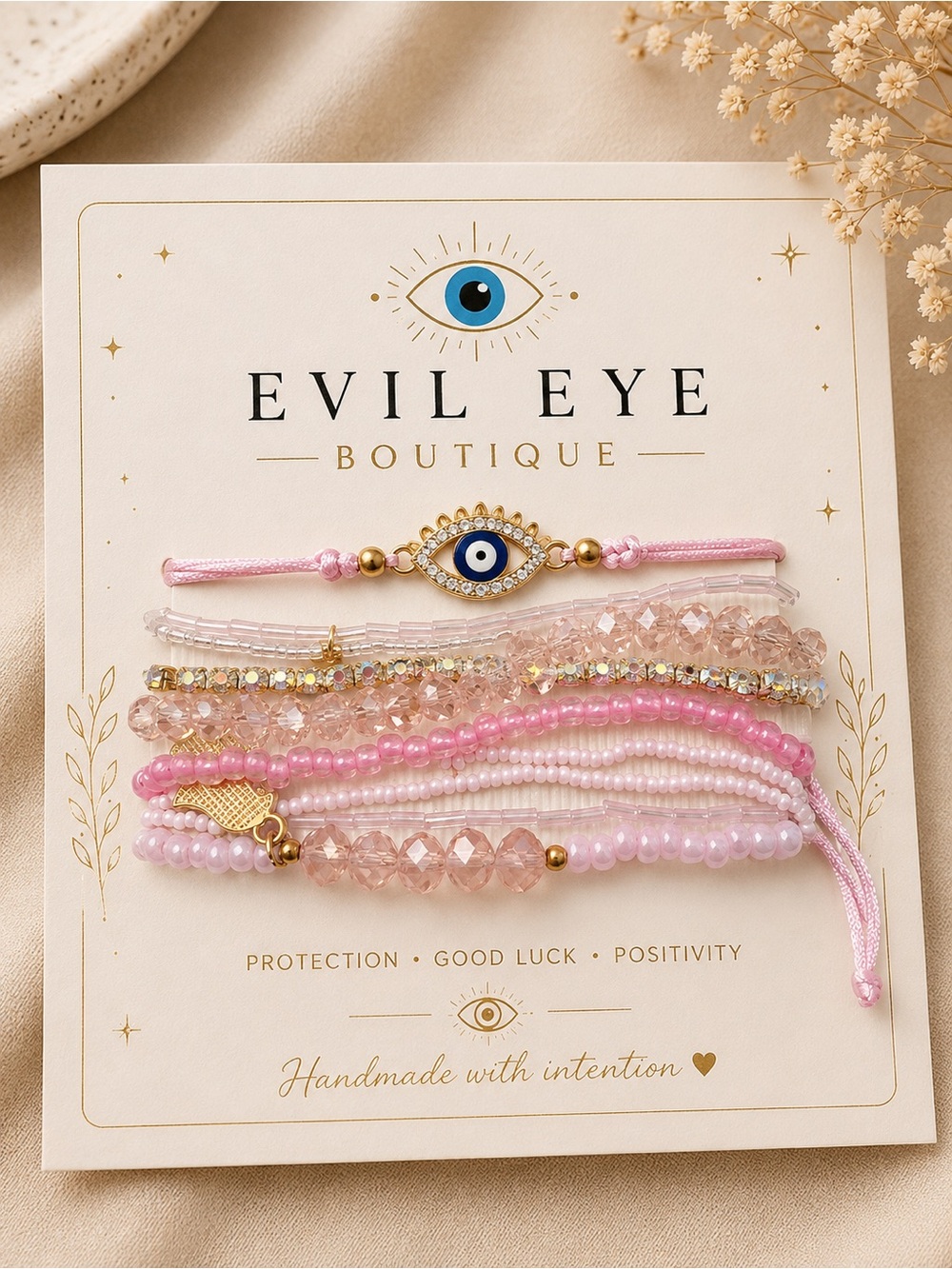Evil Eye Boutique Pink Beaded Evil Eye Bracelet Set
